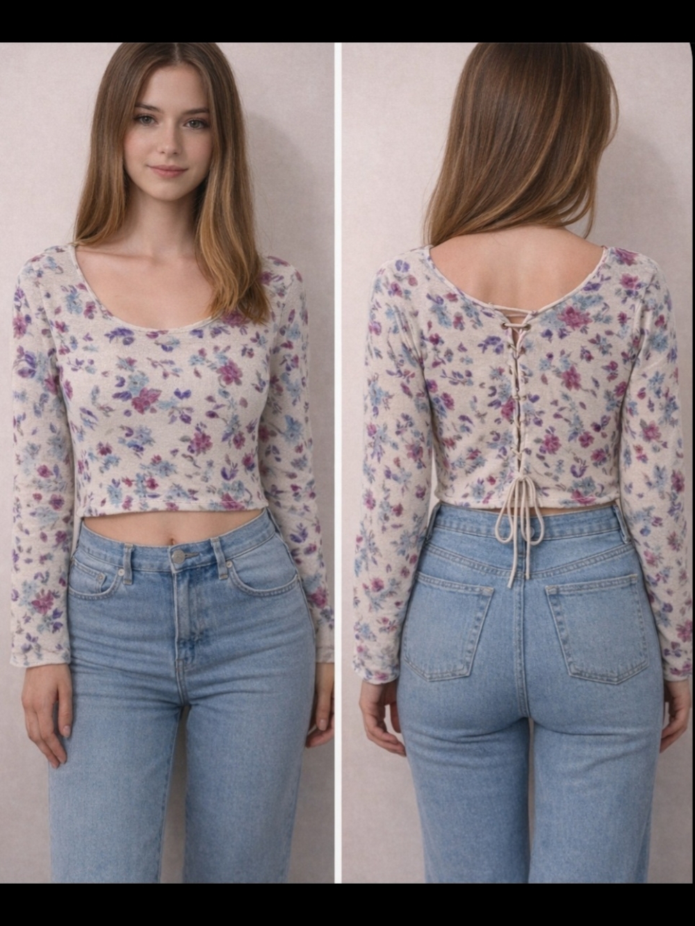 Saltwater LUXE Cream Purple Floral Lace-Up Back Long Sleeve Crop Top NWOT Medium